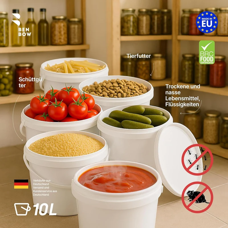 BenBow Eimer mit Deckel 10l Weiss 3X 10 Liter - lebensmittelecht, stabil, luftdicht, auslaufsicher,