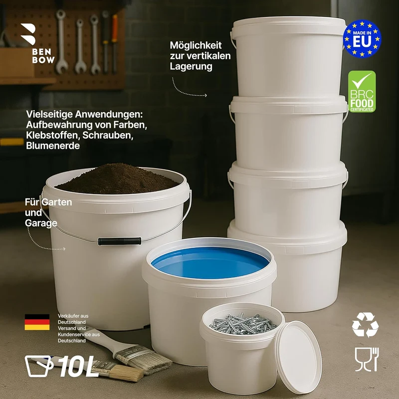 BenBow Eimer mit Deckel 10l Weiss 3X 10 Liter - lebensmittelecht, stabil, luftdicht, auslaufsicher,