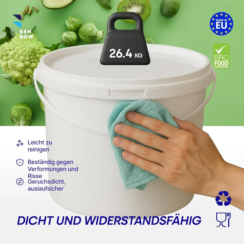 BenBow Eimer mit Deckel 10l Weiss 3X 10 Liter - lebensmittelecht, stabil, luftdicht, auslaufsicher,