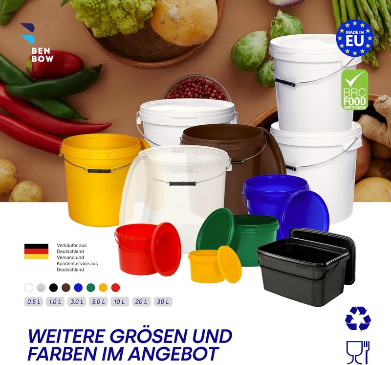 BenBow Eimer mit Deckel 10l Weiss 3X 10 Liter - lebensmittelecht, stabil, luftdicht, auslaufsicher,