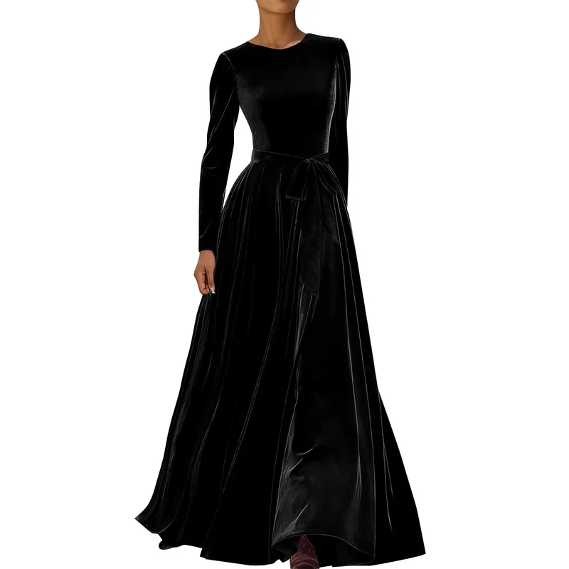 Abendkleid Damen Elegant Langarm Samtkleid Lang Festlich Cocktailkleid Hochzeitsgast Maxi Ballkleid