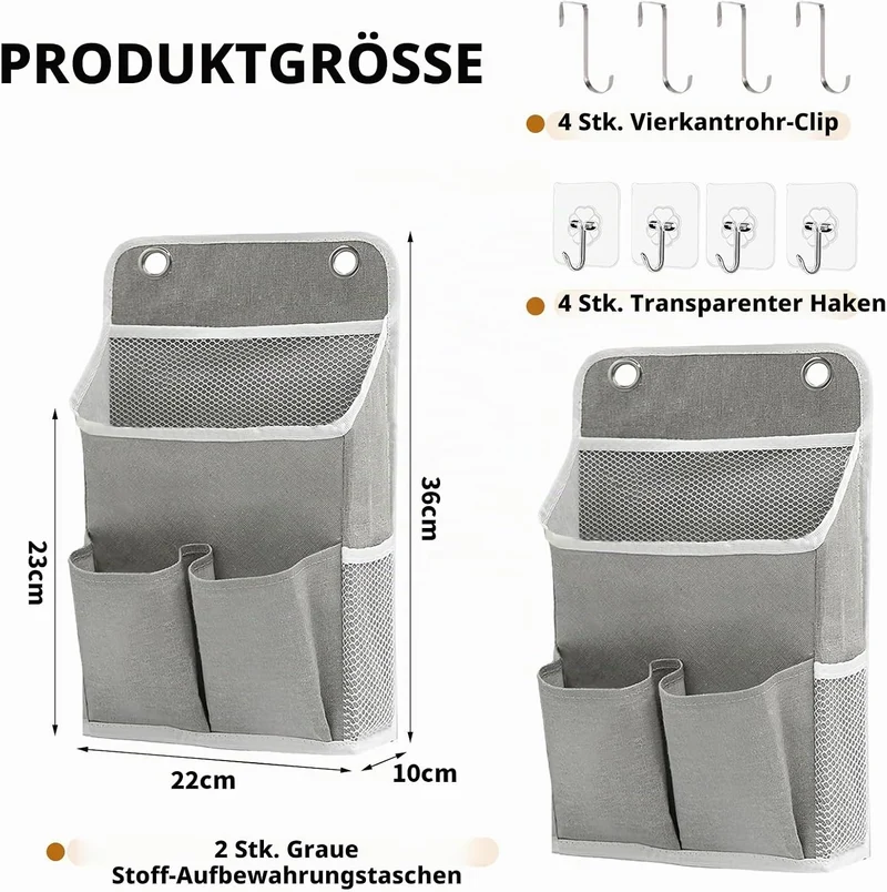 2 Stück Hängeorganizer Grau, Wandorganizer mit Taschen, Türregal Stoff Hängeaufbewahrung für Bad, Sc