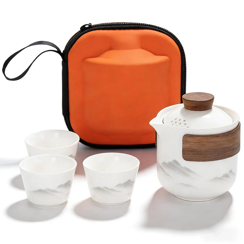 BAIFULAI Chinesisches Gongfu-Tee-Set: Tragbares Keramik-Teeset mit 1 Kanne (200 ml) und 3 Tassen (45