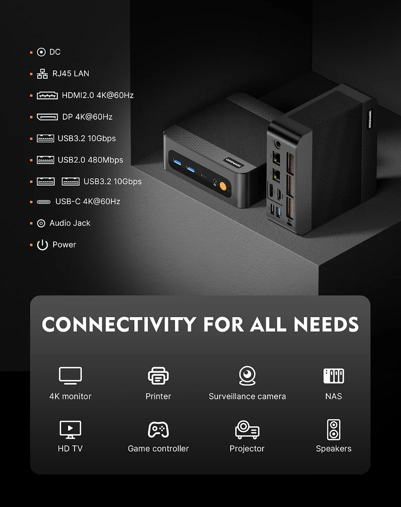 N2 Pro Mini-PC Ryzen 7 6800H (8C/16T, bis 4,7 GHz), 32 GB DDR5, 1TB SSD, WiFi 6E/BT5.2/2,5G LAN, Qua