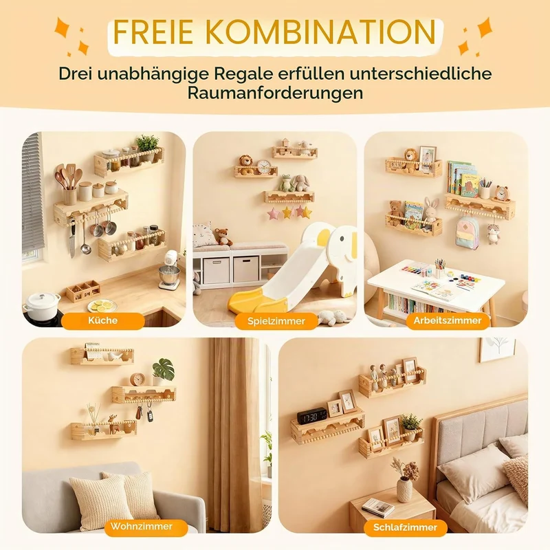 Wandregal Kinderzimmer 3er Set, Bücherregal Kinder Wand für Spielzeug Bilder und Bücher, 40cm Regal