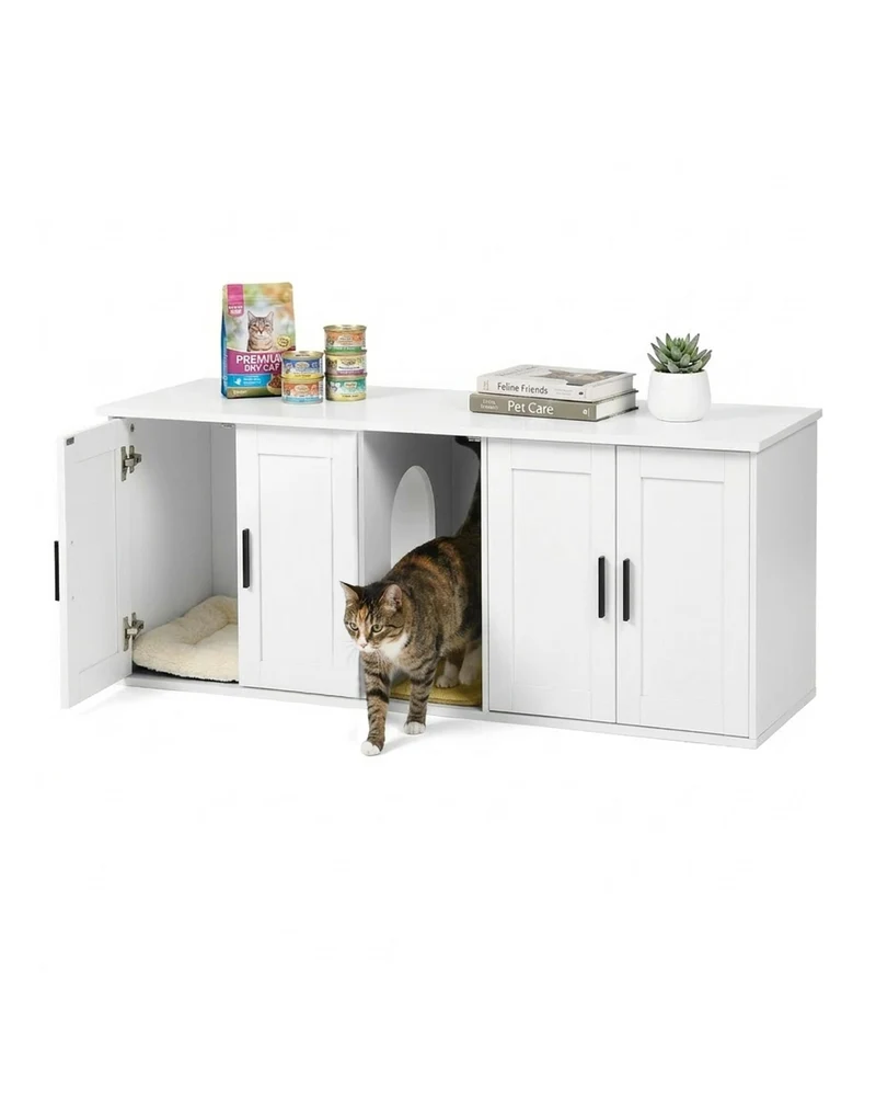 Gross Katzenklo Schrank für 2 Katzen, 145cm Grosses Katzenhaus Holz mit Kratzmatte, Katzenschrank fü