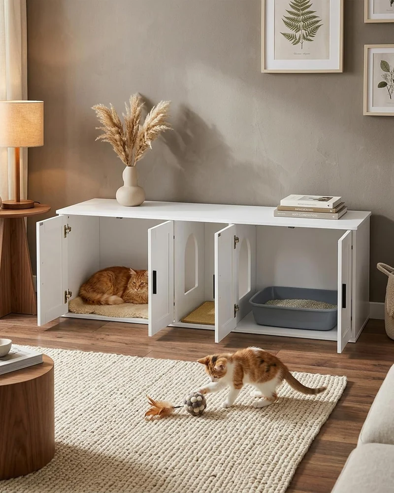 Gross Katzenklo Schrank für 2 Katzen, 145cm Grosses Katzenhaus Holz mit Kratzmatte, Katzenschrank fü