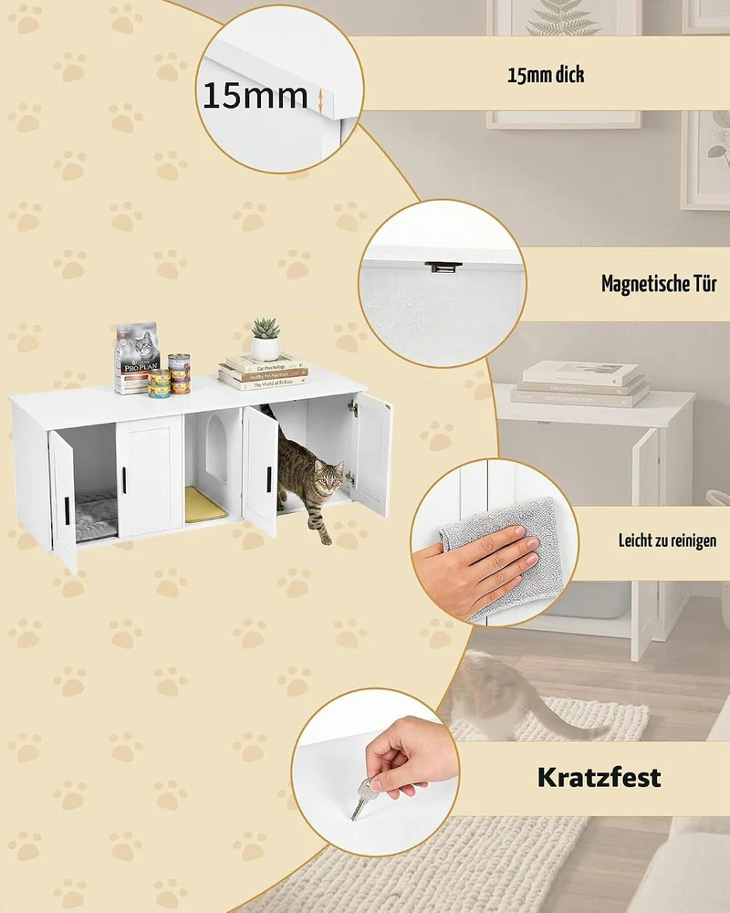 Gross Katzenklo Schrank für 2 Katzen, 145cm Grosses Katzenhaus Holz mit Kratzmatte, Katzenschrank fü