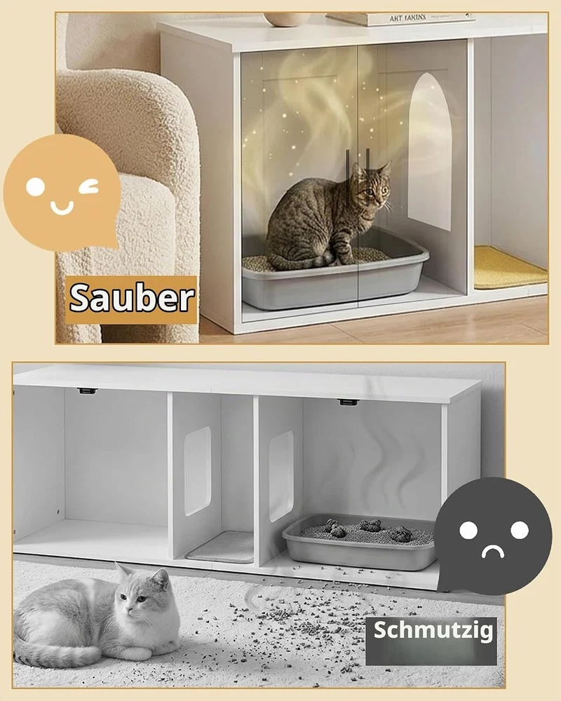Gross Katzenklo Schrank für 2 Katzen, 145cm Grosses Katzenhaus Holz mit Kratzmatte, Katzenschrank fü
