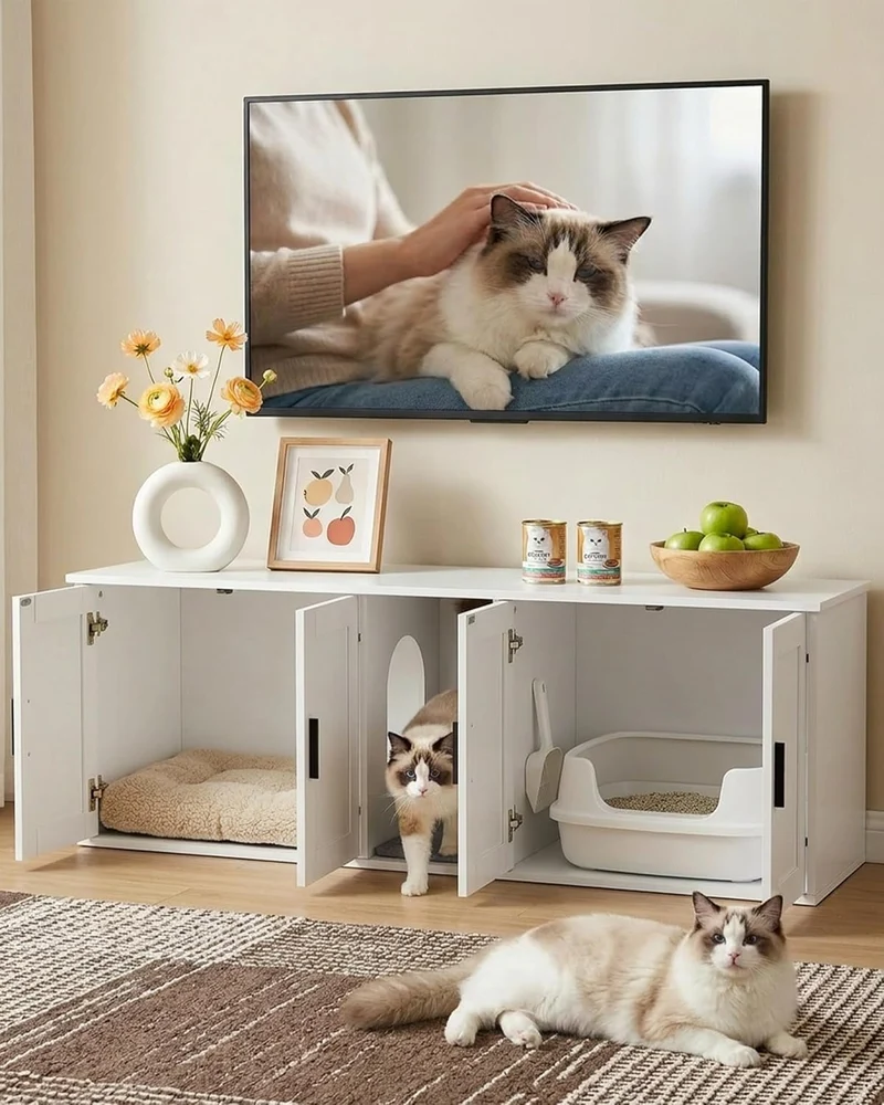 Gross Katzenklo Schrank für 2 Katzen, 145cm Grosses Katzenhaus Holz mit Kratzmatte, Katzenschrank fü
