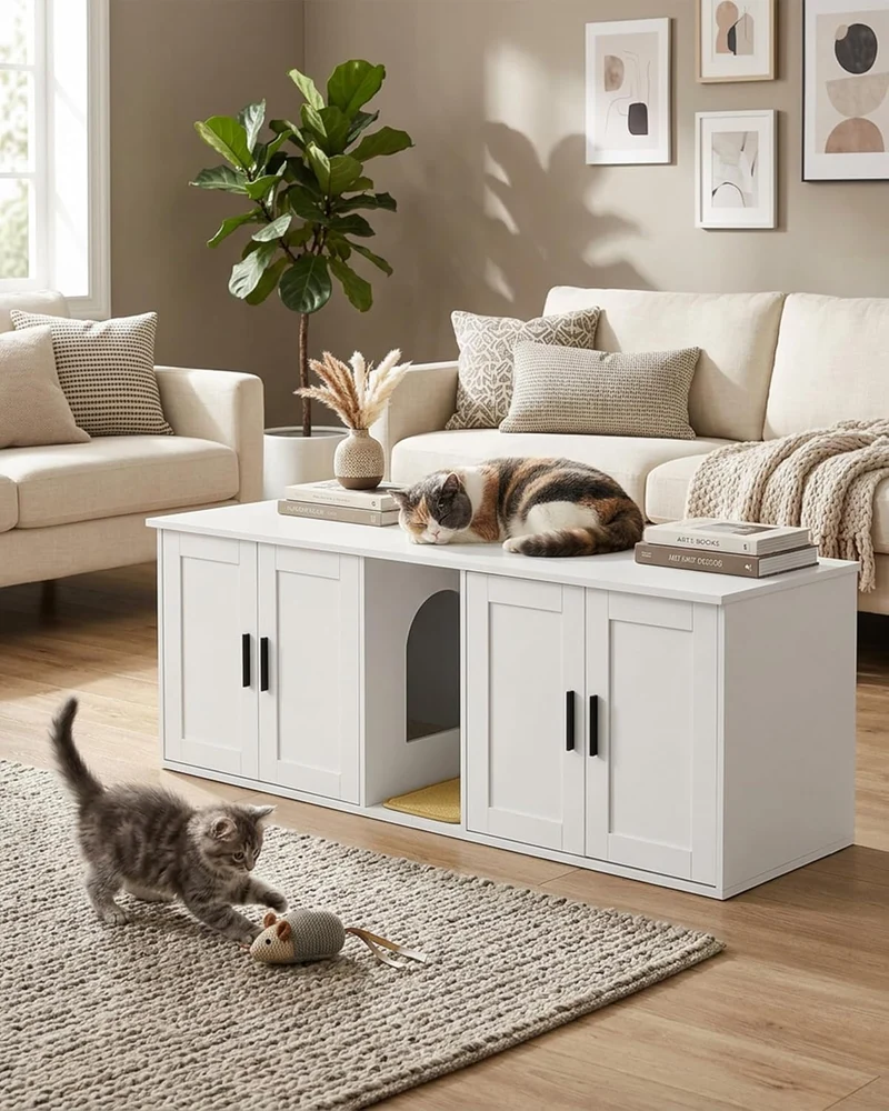 Gross Katzenklo Schrank für 2 Katzen, 145cm Grosses Katzenhaus Holz mit Kratzmatte, Katzenschrank fü