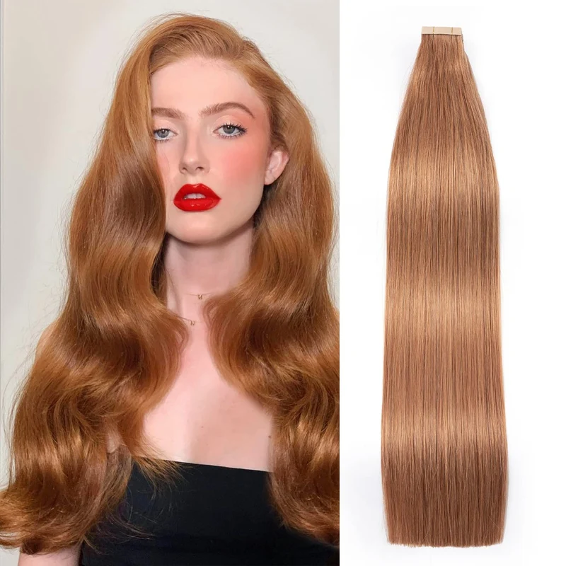 HotLulana Tape Extensions Echthaar Auburn Ginger Extensions Echthaar 18zoll/45cm 40Pcs 80g Invisible