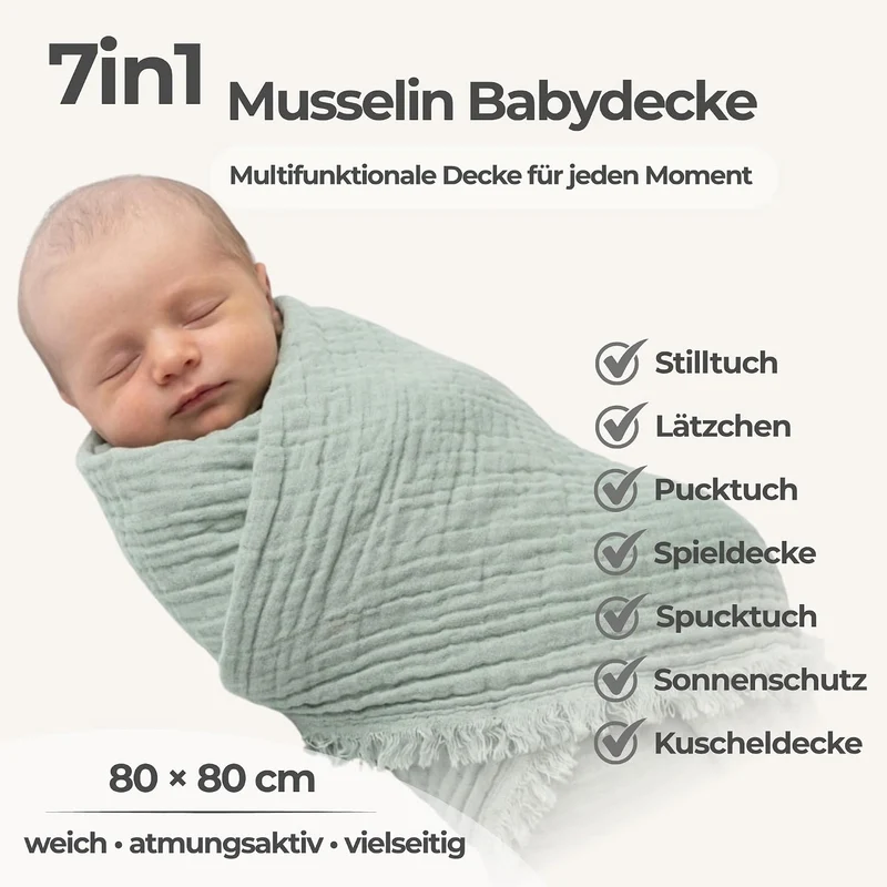 nordic coast company® Musselin Decke Baby Puckdecke Fransen Babydecke Musselin Mulltuch Pucktuch Spu