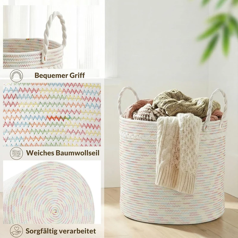 COSYLAND Aufbewahrungskorb Gross für Wohnzimmer, geflochtener Wäschekorb aus Baumwollseil, Wollkorb/