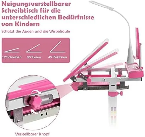Generisch Kindertisch und Stuhl mit Bücherständer & LED-Licht, höhenverstellbarer Kinderschreibtisch