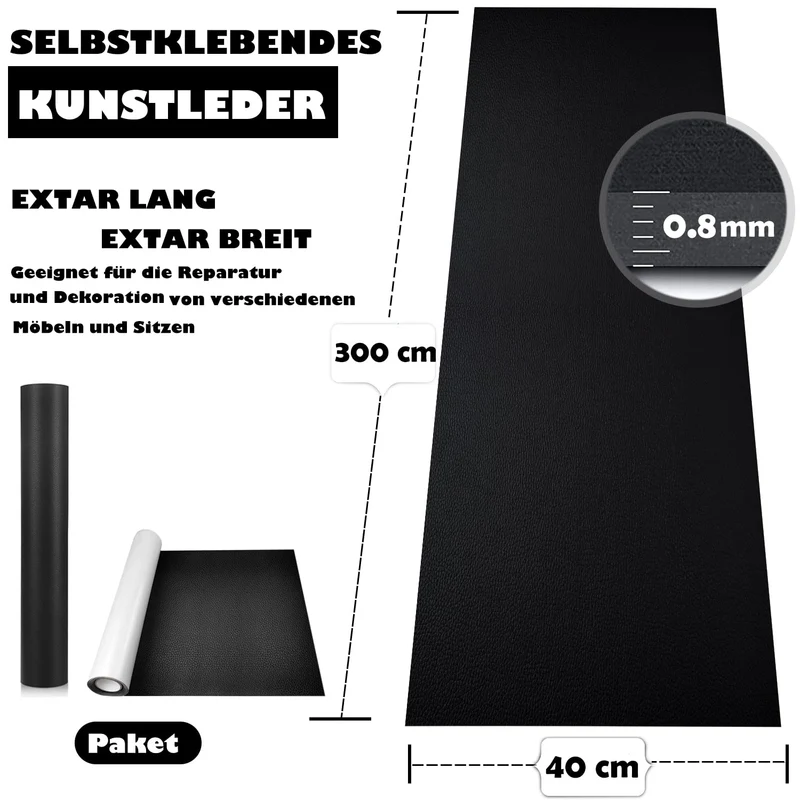 Kunstleder Selbstklebend 40 x 300cm Schwarz Selbstklebende PU-Folie,Möbel, Küchenschränke, Wand, Sof