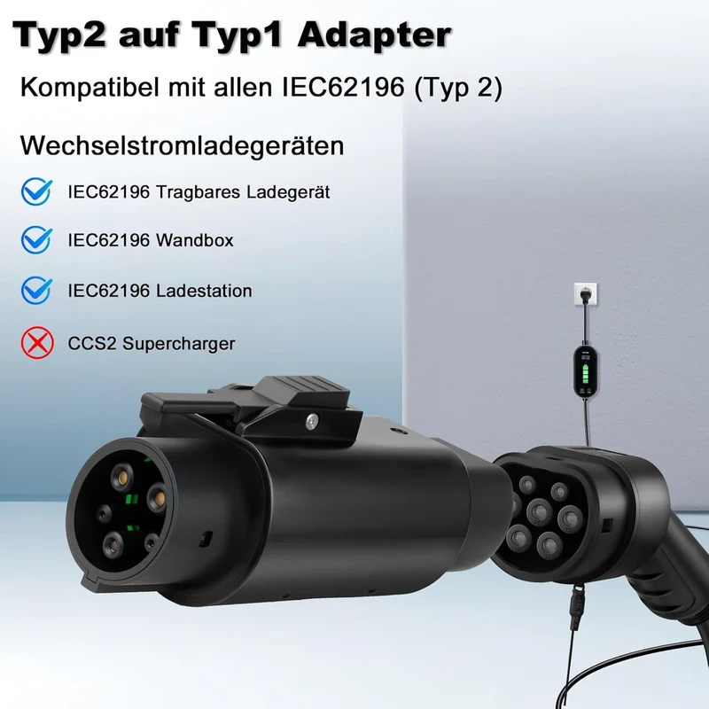 EV Adapter Typ 2 auf Typ 1, Max 32A, 250V AC, Adapter für Elektrofahrzeuge IEC 62196 auf SAE J1772,