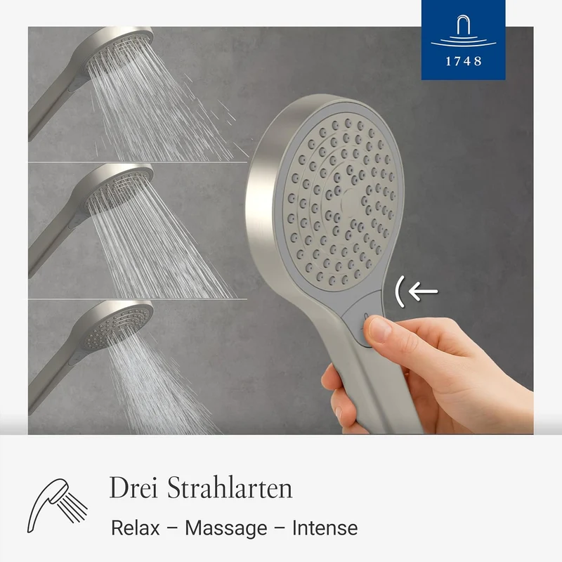 Villeroy & Boch Verve Showers Duschkopf, Handbrause mit 3 Strahlarten per Knopfdruck, EasyClean, Was