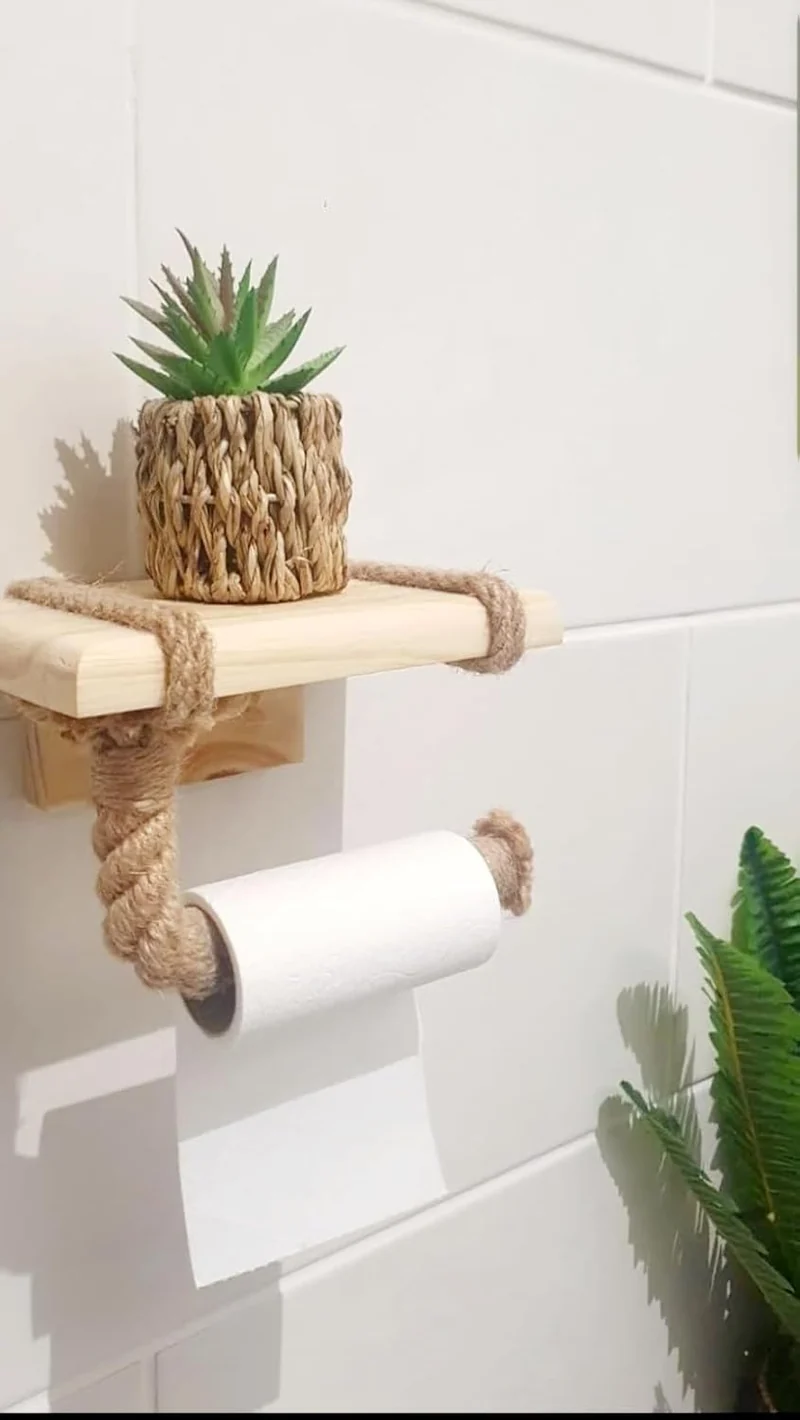 Toilettenpapierhalter mit Ablage – Ablage aus Holz und Seil für Telefon oder Dekoration