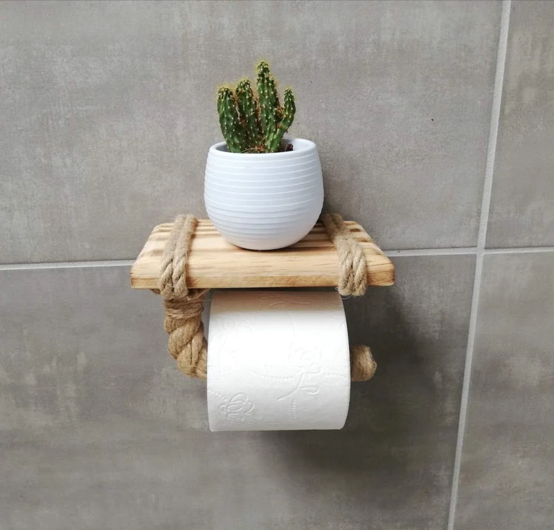 Toilettenpapierhalter mit Ablage – Ablage aus Holz und Seil für Telefon oder Dekoration