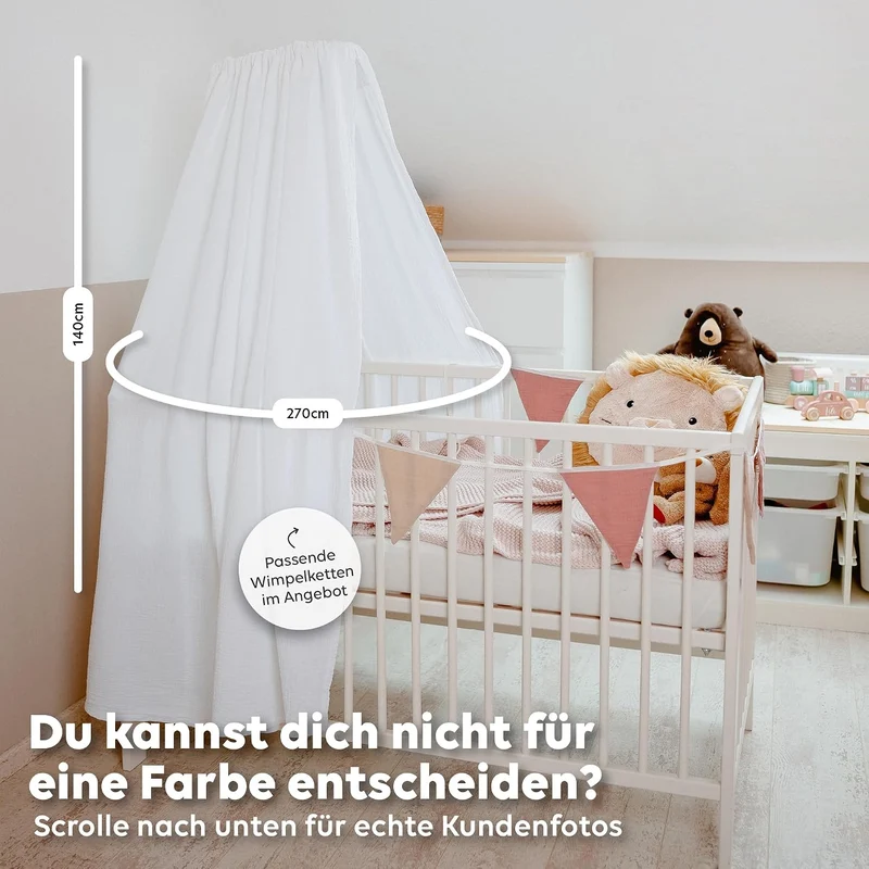 Betthimmel Babybett in 12 Farben [inkl. Himmelstange] - Himmel Babybett aus 100% Baumwolle Musselin