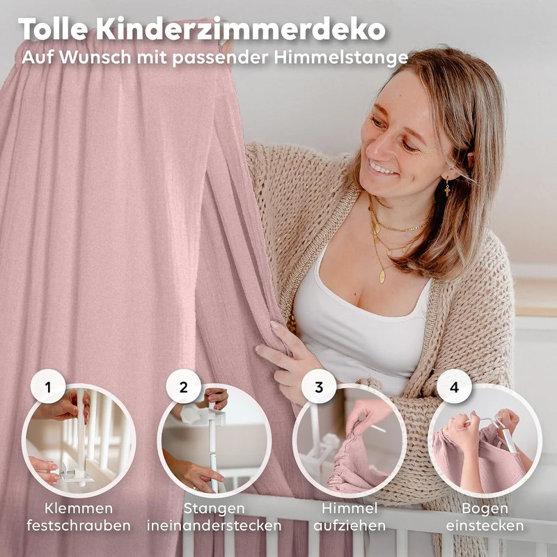 Betthimmel Babybett [in 12 Farben] Himmel Babybett aus 100% Baumwolle Musselin - Betthimmel Mädchen