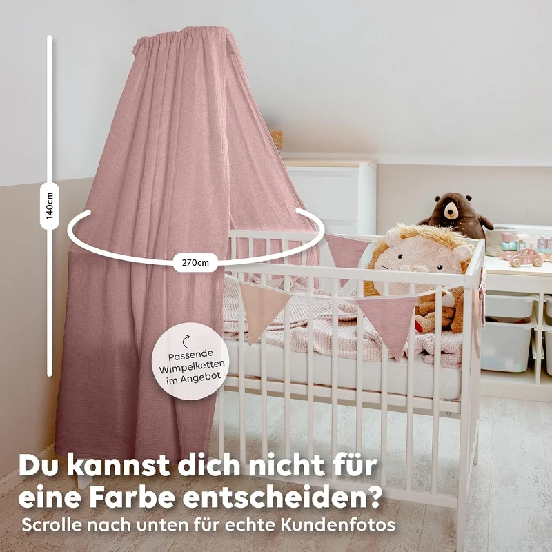 Betthimmel Babybett [in 12 Farben] Himmel Babybett aus 100% Baumwolle Musselin - Betthimmel Mädchen