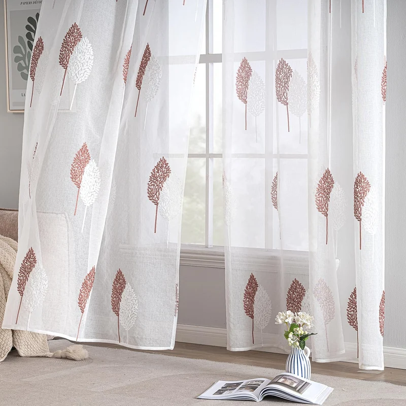 MIULEE Wohnzimmer Vorhänge Transparent mit Altrosa und Weiss Blätter Muster, Modern Stickerei Gardin