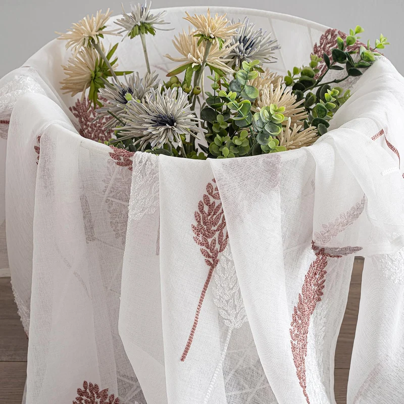 MIULEE Wohnzimmer Vorhänge Transparent mit Altrosa und Weiss Blätter Muster, Modern Stickerei Gardin