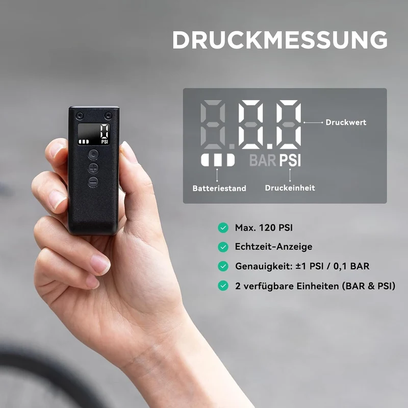 CYCPLUS AS2Pro Tiny Elektrofahrradpumpe, 120g, Aluminiumgehäuse | 120PSI, Auto-Stopp, Druckanzeige,