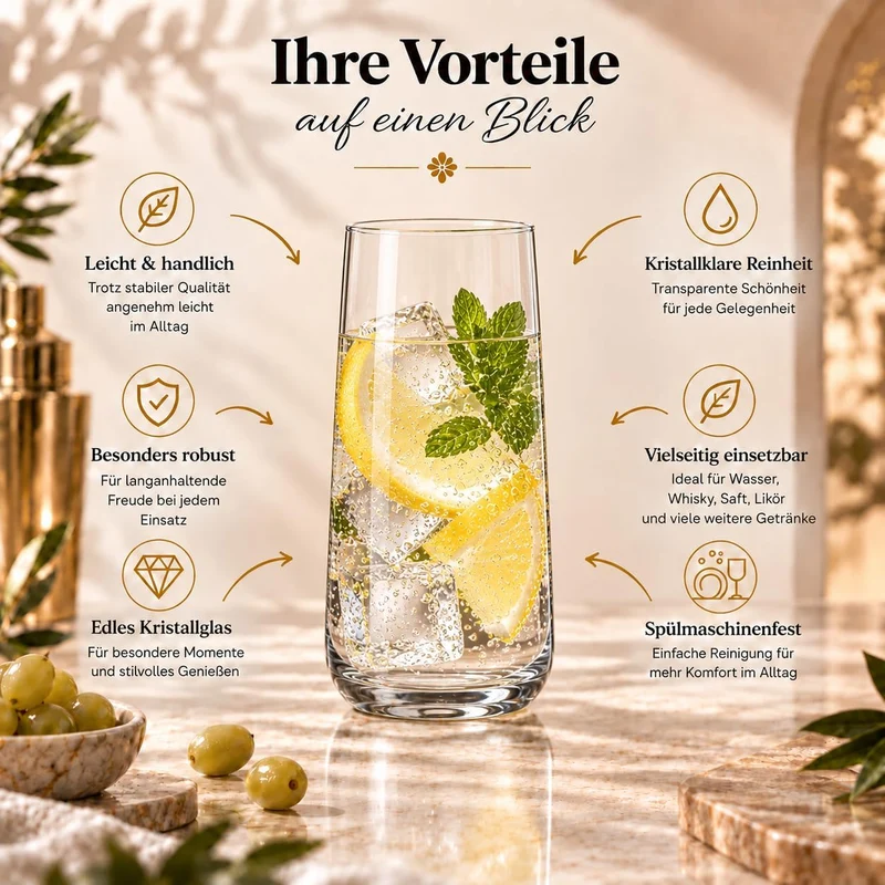 KIAPPO Longdrinkgläser | Set mit 6 Gläsern Avant-Garde Trinkgläser | modernes minimalistisches Desig