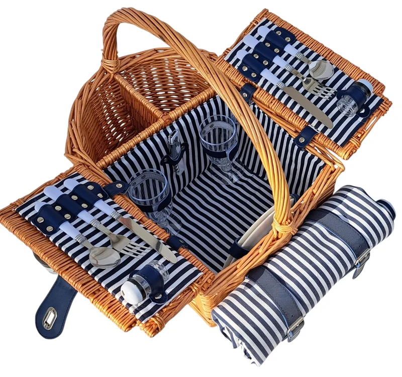 Picknickkorb für 2 Personen mit Picknickdecke, Besteck, Tellern, Weingläsern, Salz & Pfeffer, Korken