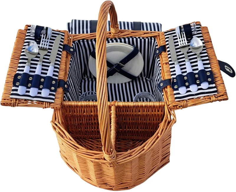 Picknickkorb für 2 Personen mit Picknickdecke, Besteck, Tellern, Weingläsern, Salz & Pfeffer, Korken