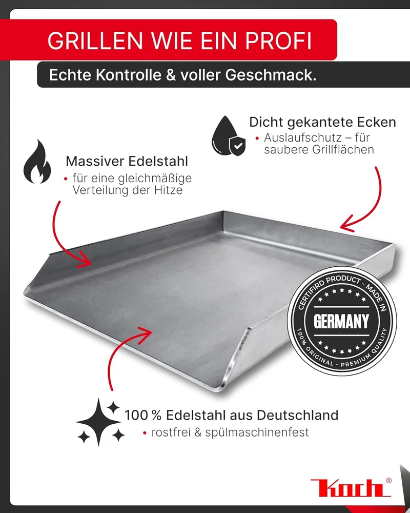 KOCH #37 PLANCHA 36 x 27 x 4cm Höhe 40mm - Grillpfanne Grillplatte Burger- Steakplatte made in Germa