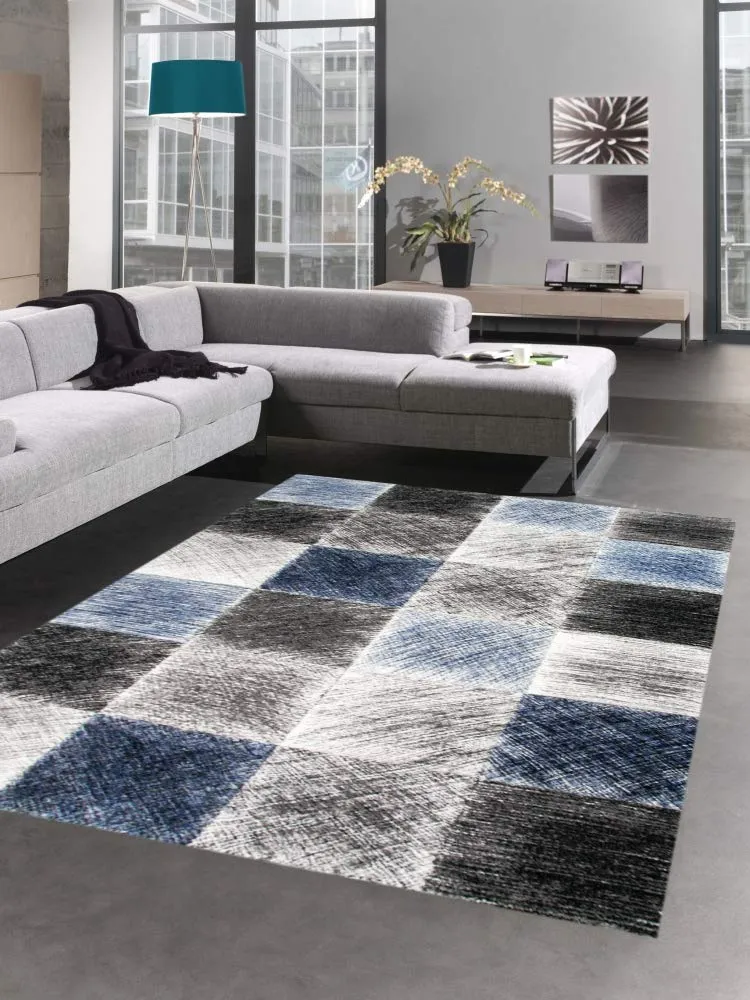 CARPETIA Teppich modern Wohnzimmerteppich karo blau grau schwarz Grösse 200 x 290 cm, 200 x 290 cm