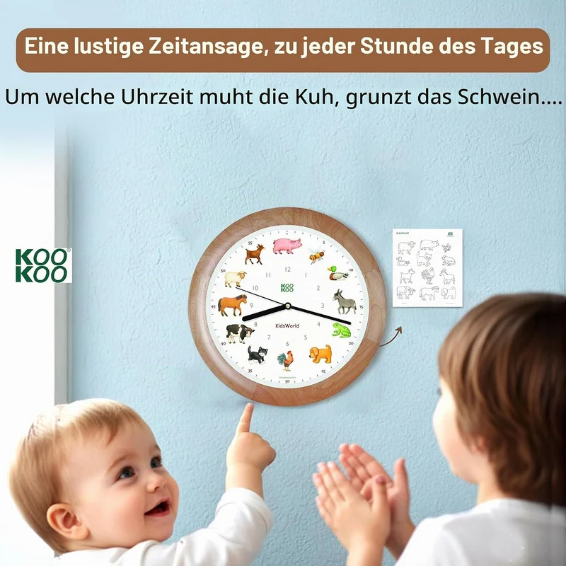 KOOKOO KidsWorld Holz, Bauernhofuhr mit 12 echten Tierstimmen vom Land