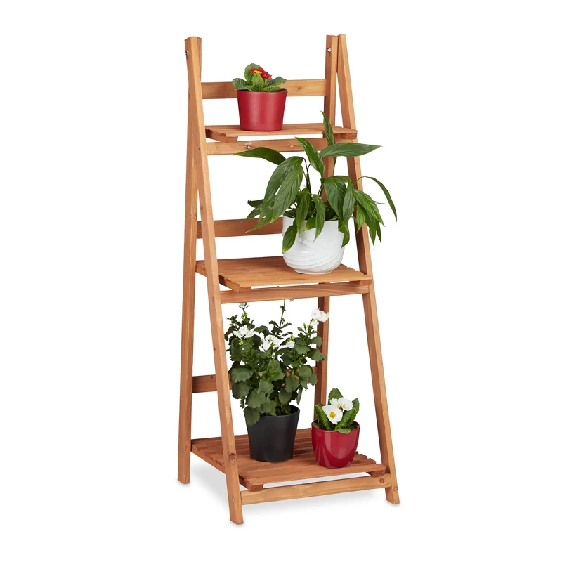 Relaxdays Blumentreppe aus Holz, Blumenständer für innen, 3-stufig, Leiterregal, Klappbar, HBT: ca.