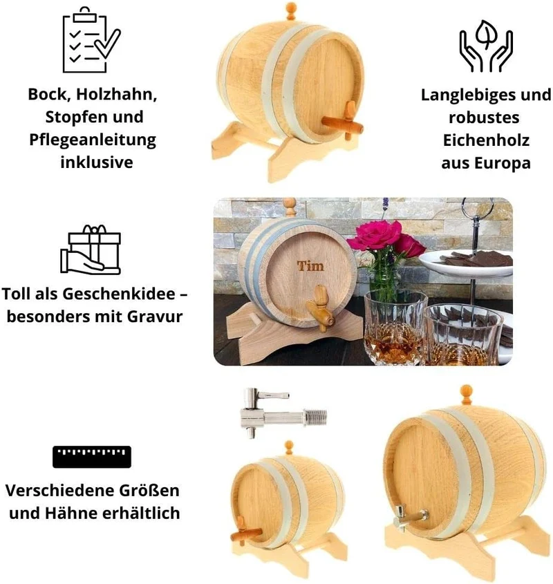 HOFMEISTER® 2 Liter Eichen-Fass, für Wein, Whisky & Schnaps, traditionelle EU Handarbeit, inkl. Anle