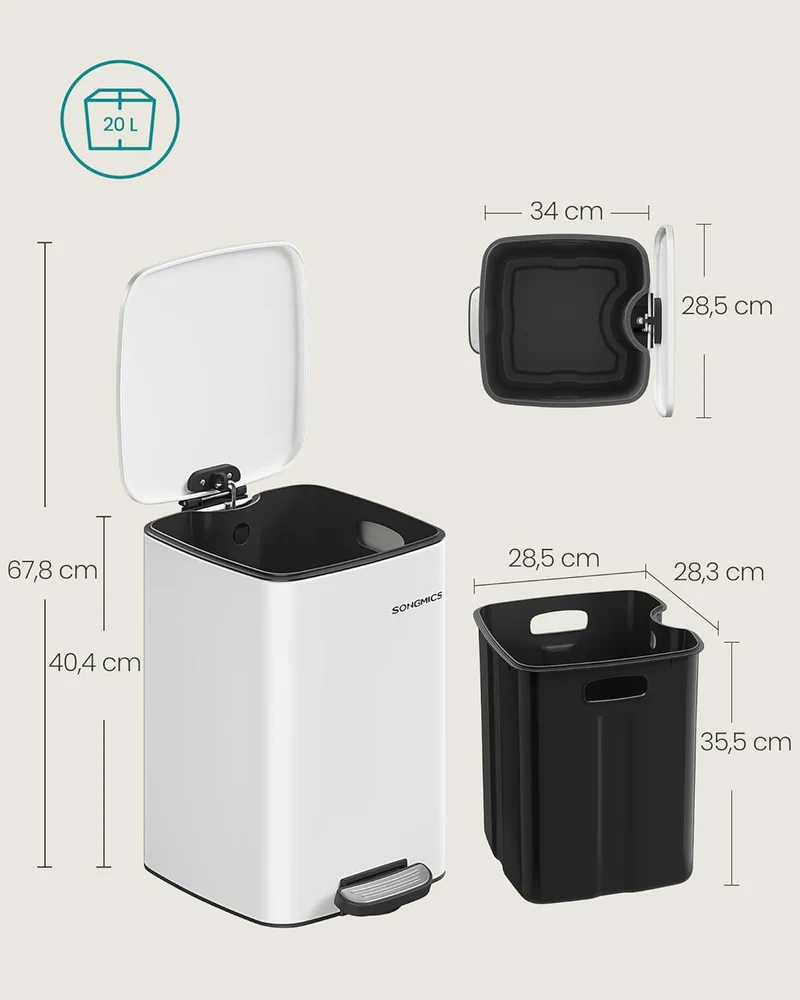 SONGMICS Mülleimer Küche, 20 Liter Abfalleimer, Tretmülleimer, Stahl, mit Inneneimer, Softclose, Off