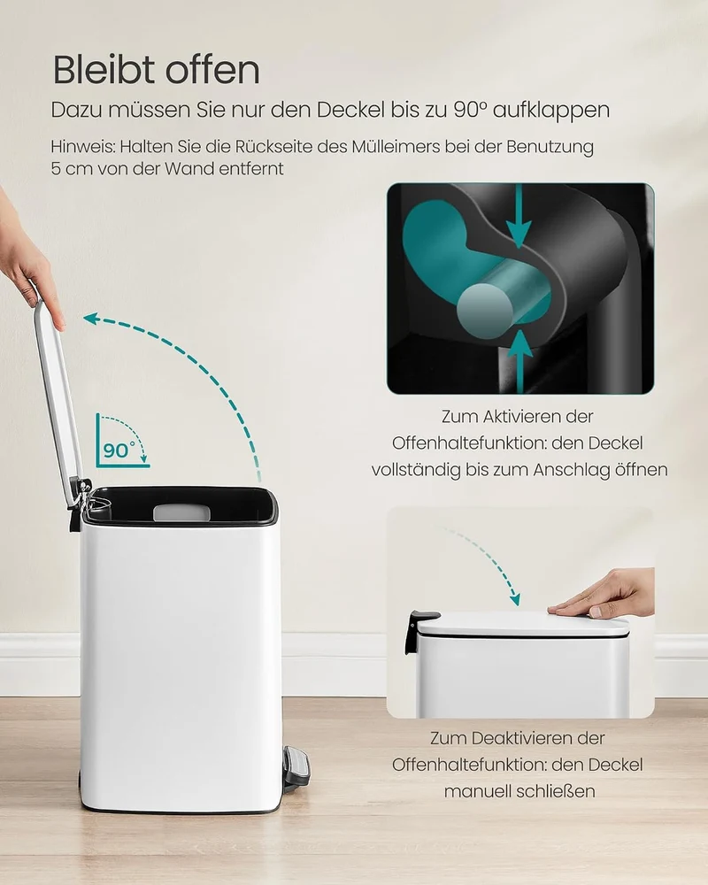 SONGMICS Mülleimer Küche, 20 Liter Abfalleimer, Tretmülleimer, Stahl, mit Inneneimer, Softclose, Off