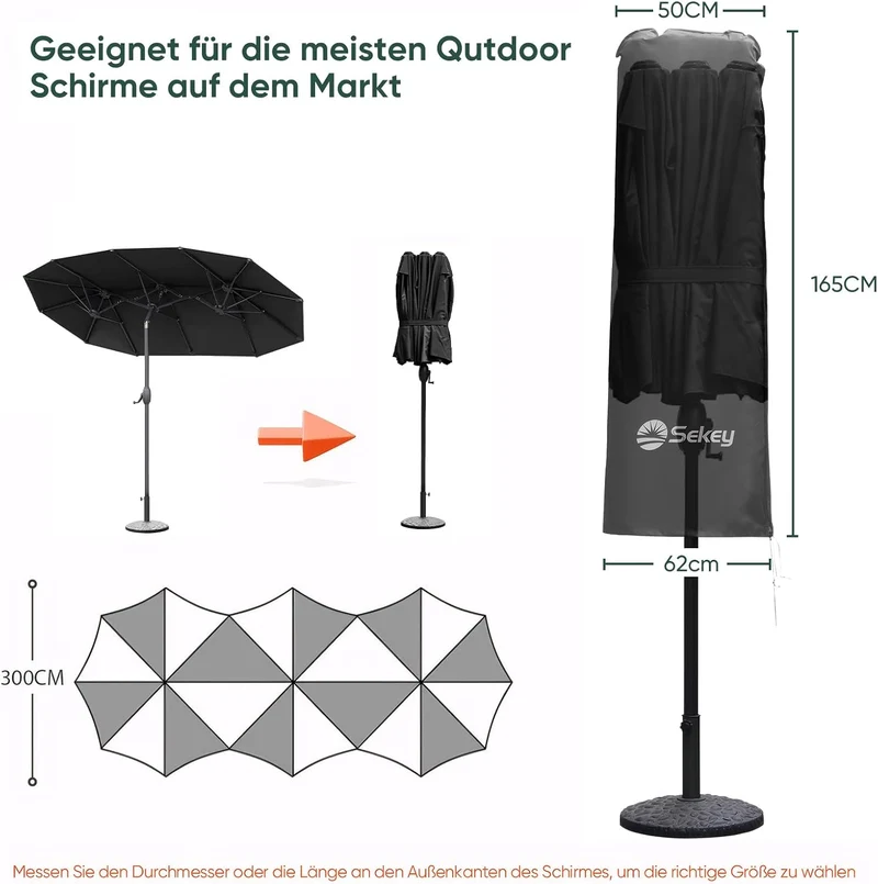 Sekey Doppelsonnenschirm Schutzhülle | Abdeckhauben für Sonnenschirm | 165×50/62 cm – Extrabreite Ab