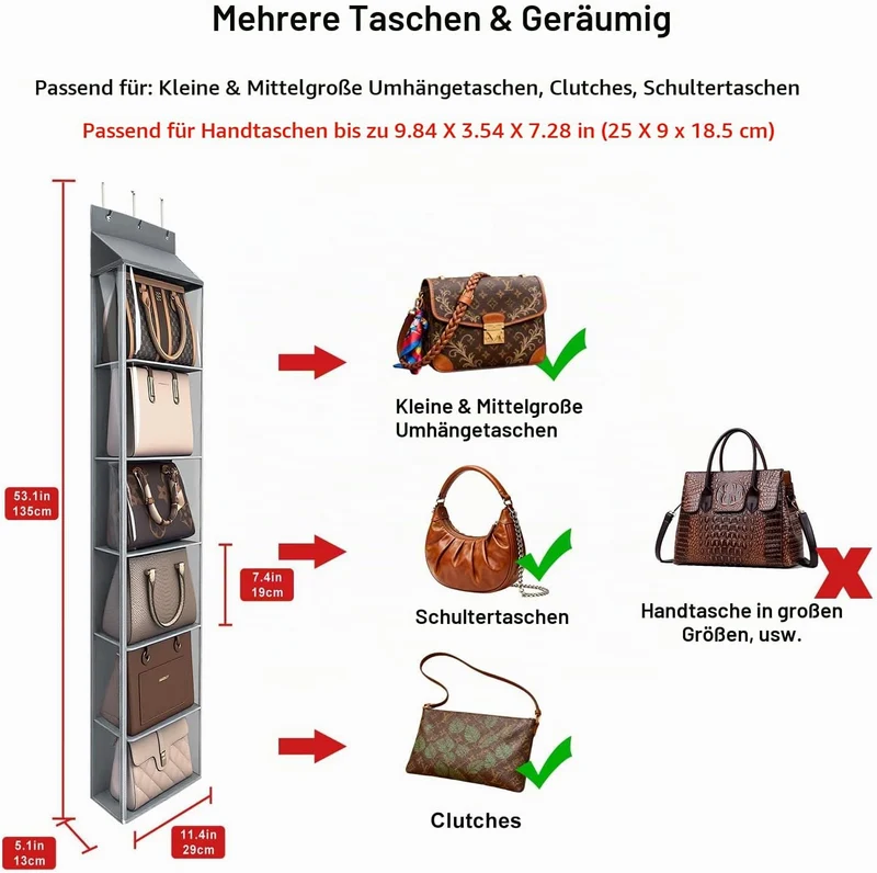 Lirex Geldbörsen-Organizer, 6 Taschen Handtaschen-Organizer mit Reissverschluss zum Aufhängen, für S