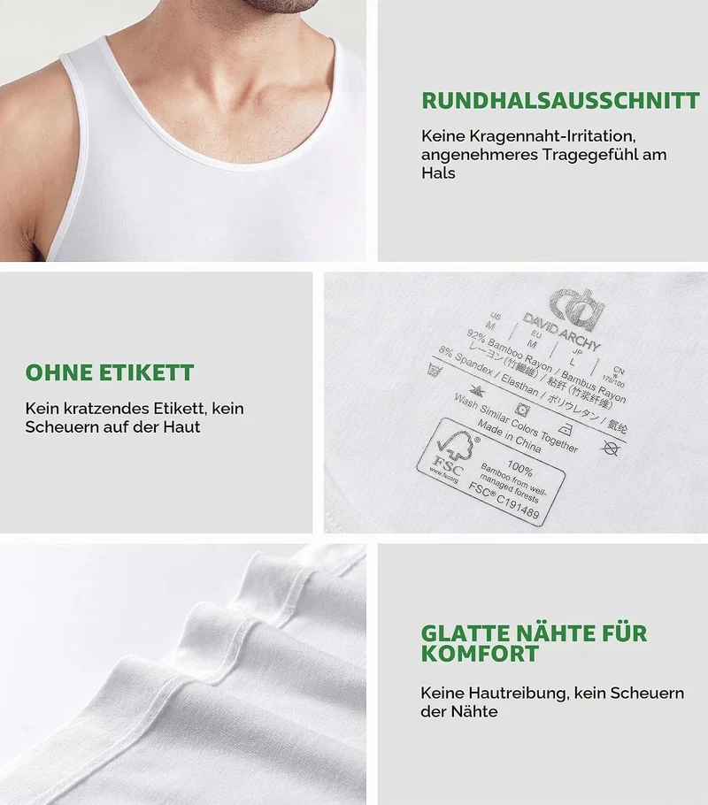 DAVID ARCHY Herren Unterhemden Tshirt Tanktop Business Lässig Bambusfaser Weich Seidig Kurzarm Ärmel