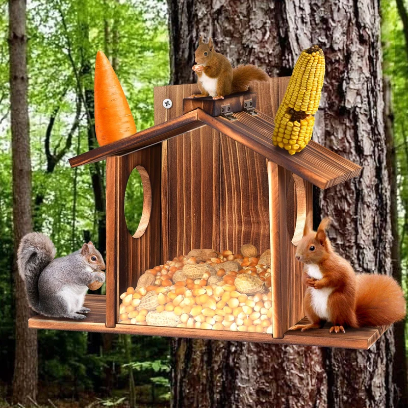 Eichhörnchen Futterhaus mit Sichtfenster & Klappdach - Wetterfeste Futterstation für Nüsse, Mais und