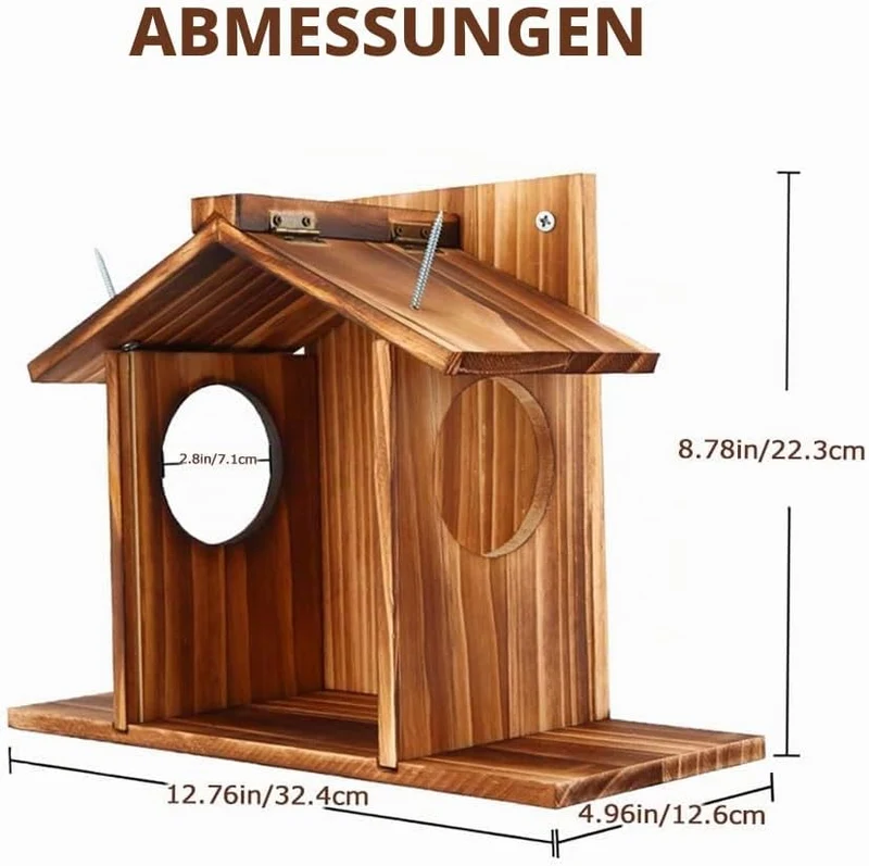 Eichhörnchen Futterhaus mit Sichtfenster & Klappdach - Wetterfeste Futterstation für Nüsse, Mais und