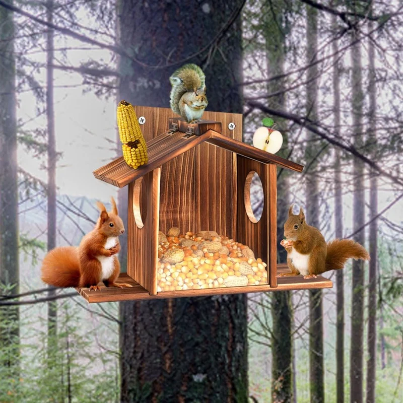 Eichhörnchen Futterhaus mit Sichtfenster & Klappdach - Wetterfeste Futterstation für Nüsse, Mais und