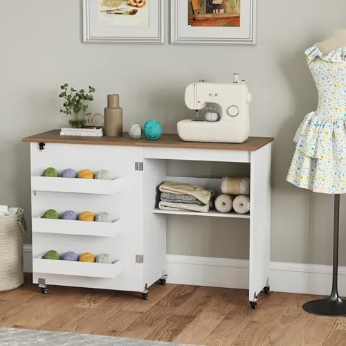 GIANTEX Nähtisch klappbar, Nähmaschinentisch auf Rollen, Nähtisch für Nähmaschine, Nähschrank Holz,