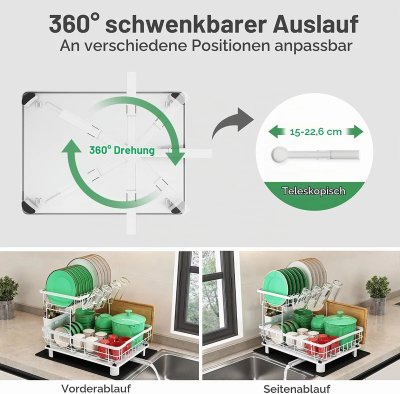 Boosiny Abtropfgestell mit 2 Etagen, Edelstahl-Geschirrabtropfgestell für Küchentheke mit Utensilien