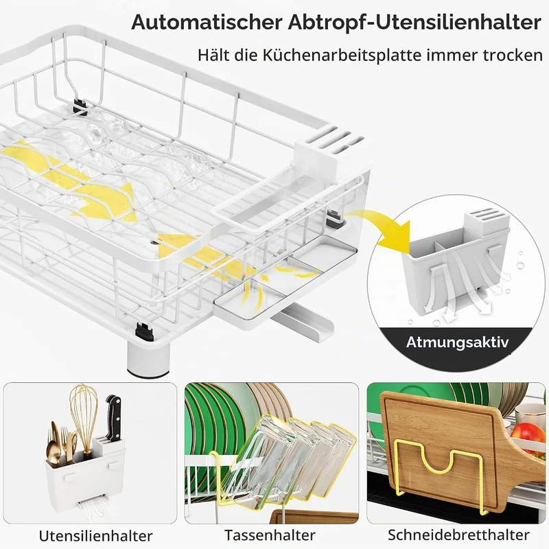 Boosiny Abtropfgestell mit 2 Etagen, Edelstahl-Geschirrabtropfgestell für Küchentheke mit Utensilien