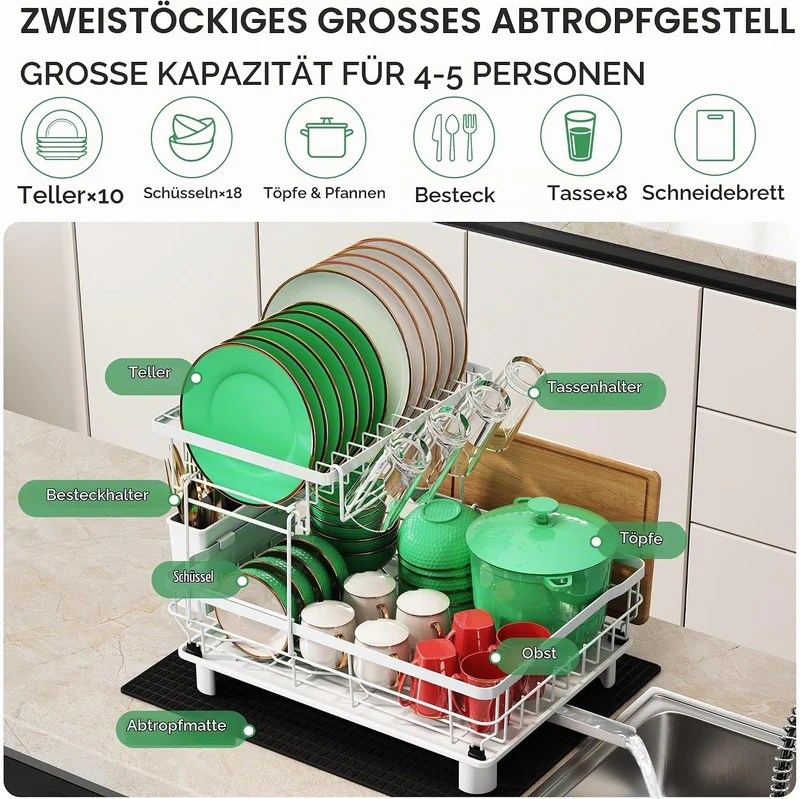 Boosiny Abtropfgestell mit 2 Etagen, Edelstahl-Geschirrabtropfgestell für Küchentheke mit Utensilien
